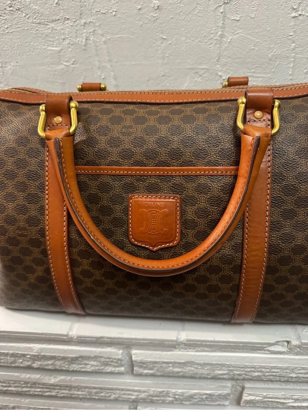 Celine Brown Monogram Canvas Duffel with Tan Leather Trim